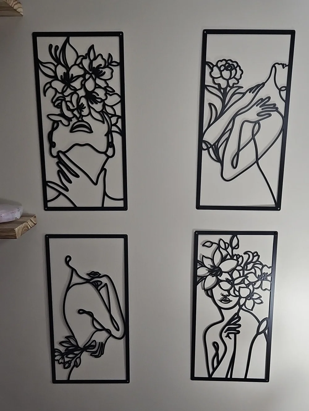 Decorative Black Floral Line Art Wall Panels - Set of 4